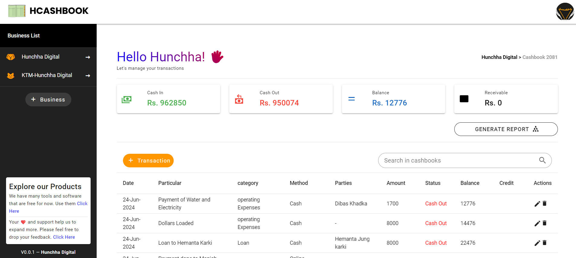 hcashbook- A product by Hunchha Digital